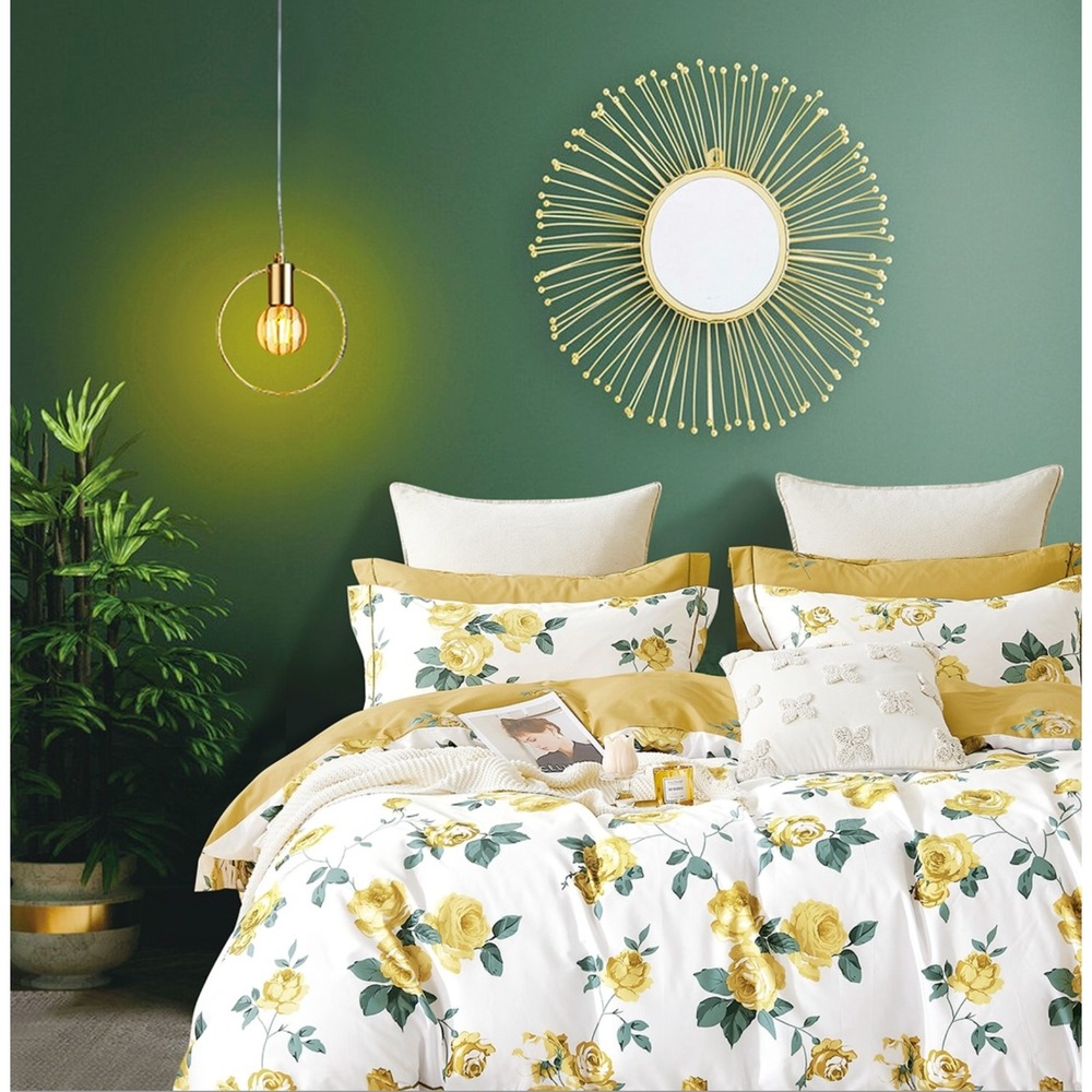 Anastasia Yellow Rose 100% Cotton Reversible Duvet Cover Set Queen/Full